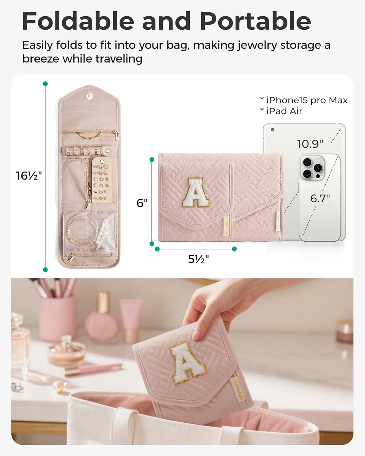 Travel Jewelry Organizer Case Foldable Small Jewelry Roll for Journey Rings, Necklaces, Earrings, Bracelets,Mini,Soft Pink