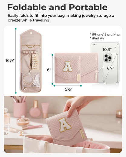 Travel Jewelry Organizer Case Foldable Small Jewelry Roll for Journey Rings, Necklaces, Earrings, Bracelets,Mini,Soft Pink