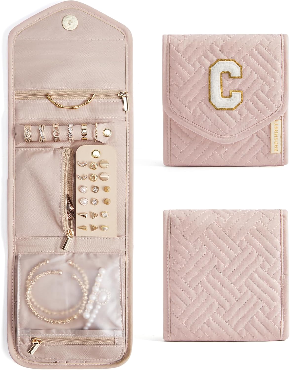 Travel Jewelry Organizer Case Foldable Small Jewelry Roll for Journey Rings, Necklaces, Earrings, Bracelets,Mini,Soft Pink