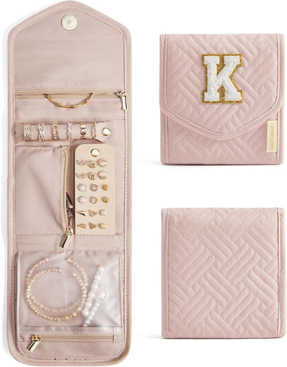 Travel Jewelry Organizer Case Foldable Small Jewelry Roll for Journey Rings, Necklaces, Earrings, Bracelets,Mini,Soft Pink