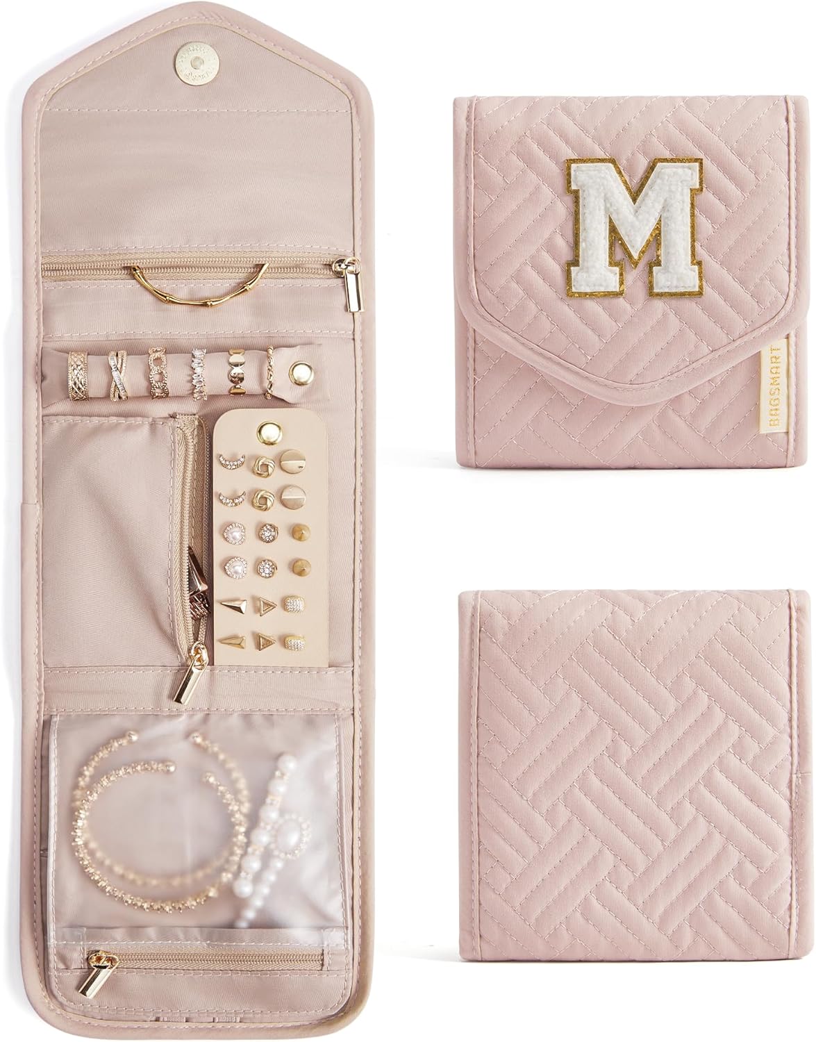 Travel Jewelry Organizer Case Foldable Small Jewelry Roll for Journey Rings, Necklaces, Earrings, Bracelets,Mini,Soft Pink