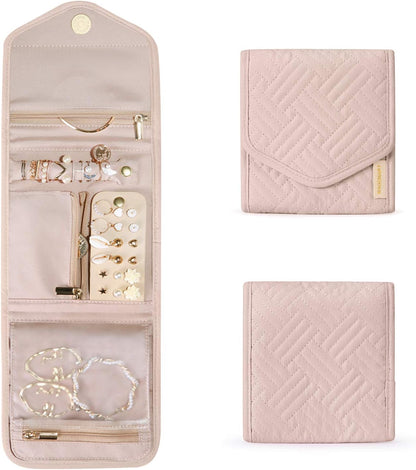 Travel Jewelry Organizer Case Foldable Small Jewelry Roll for Journey Rings, Necklaces, Earrings, Bracelets,Mini,Soft Pink
