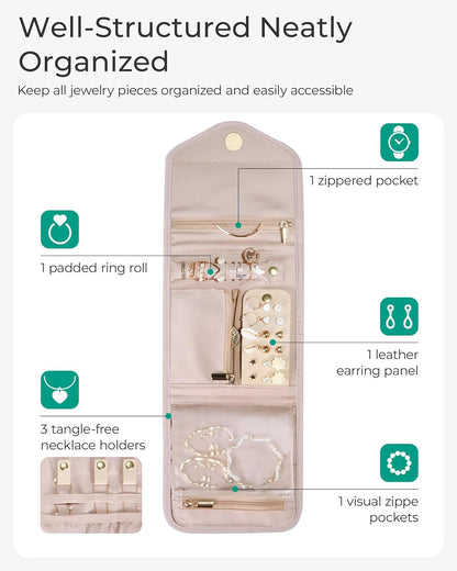 Travel Jewelry Organizer Case Foldable Small Jewelry Roll for Journey Rings, Necklaces, Earrings, Bracelets,Mini,Soft Pink