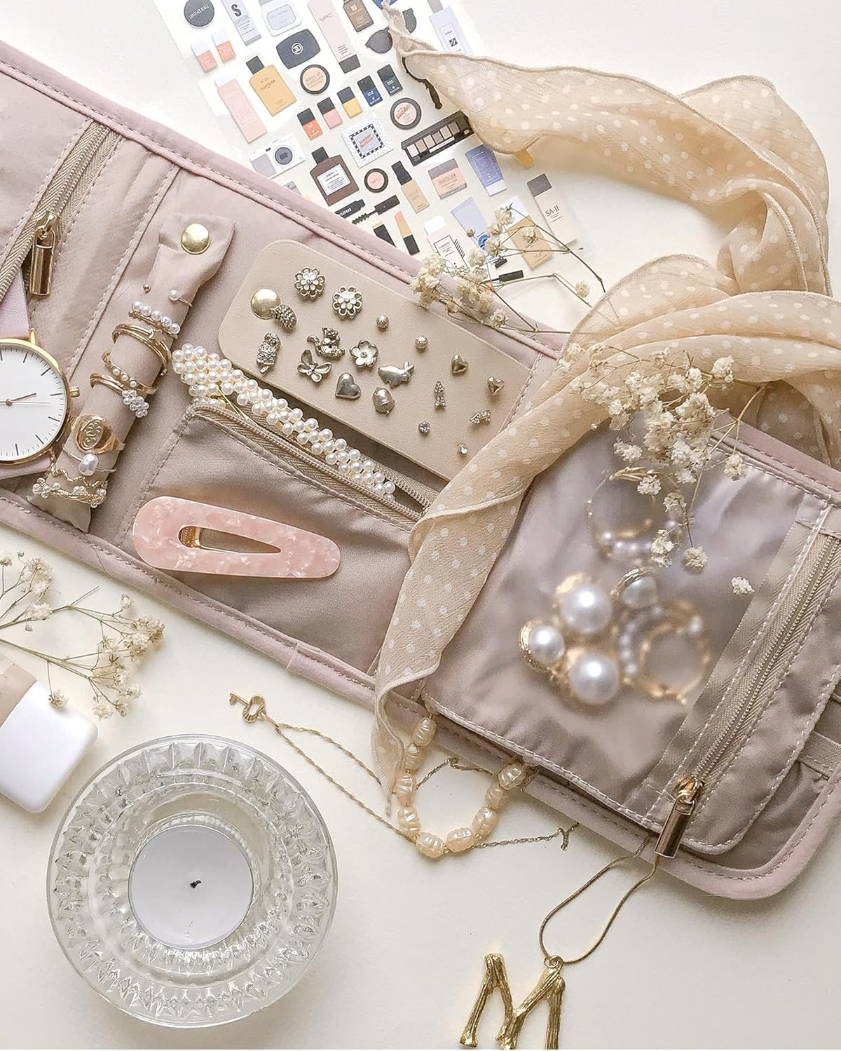 Travel Jewelry Organizer Case Foldable Small Jewelry Roll for Journey Rings, Necklaces, Earrings, Bracelets,Mini,Soft Pink