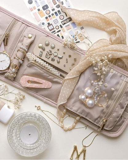 Travel Jewelry Organizer Case Foldable Small Jewelry Roll for Journey Rings, Necklaces, Earrings, Bracelets,Mini,Soft Pink