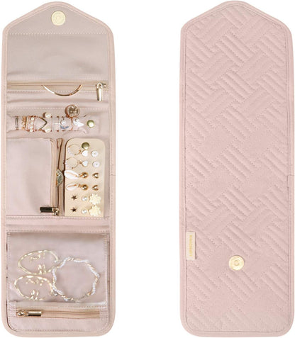Travel Jewelry Organizer Case Foldable Small Jewelry Roll for Journey Rings, Necklaces, Earrings, Bracelets,Mini,Soft Pink