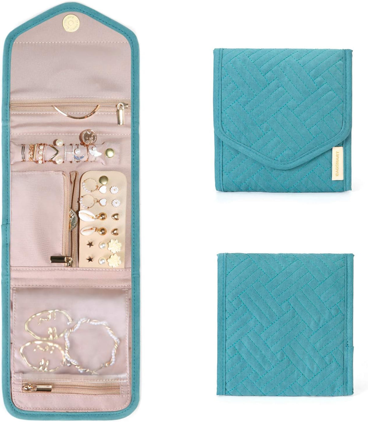 Travel Jewelry Organizer Case Foldable Small Jewelry Roll for Journey Rings, Necklaces, Earrings, Bracelets,Mini,Soft Pink