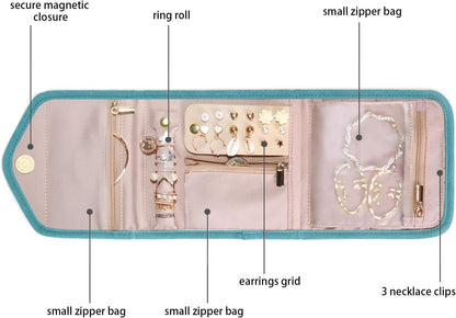 Travel Jewelry Organizer Case Foldable Small Jewelry Roll for Journey Rings, Necklaces, Earrings, Bracelets,Mini,Soft Pink