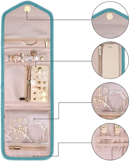 Travel Jewelry Organizer Case Foldable Small Jewelry Roll for Journey Rings, Necklaces, Earrings, Bracelets,Mini,Soft Pink
