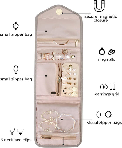 Travel Jewelry Organizer Case Foldable Small Jewelry Roll for Journey Rings, Necklaces, Earrings, Bracelets,Mini,Soft Pink