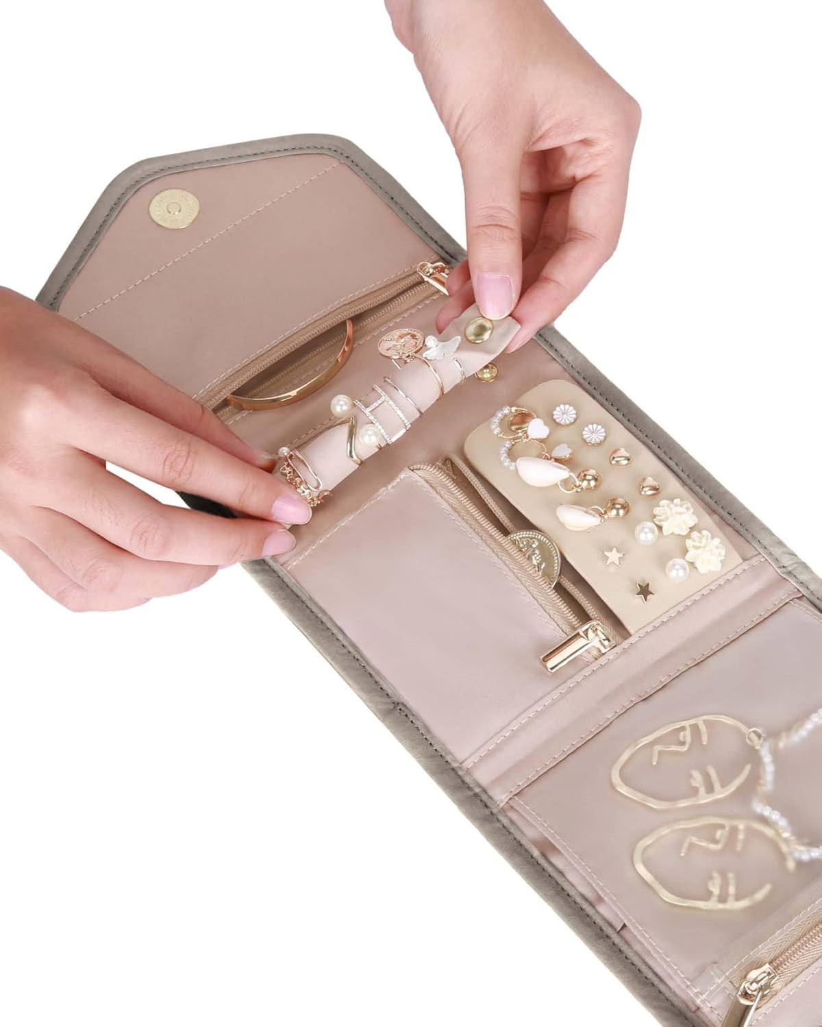 Travel Jewelry Organizer Case Foldable Small Jewelry Roll for Journey Rings, Necklaces, Earrings, Bracelets,Mini,Soft Pink