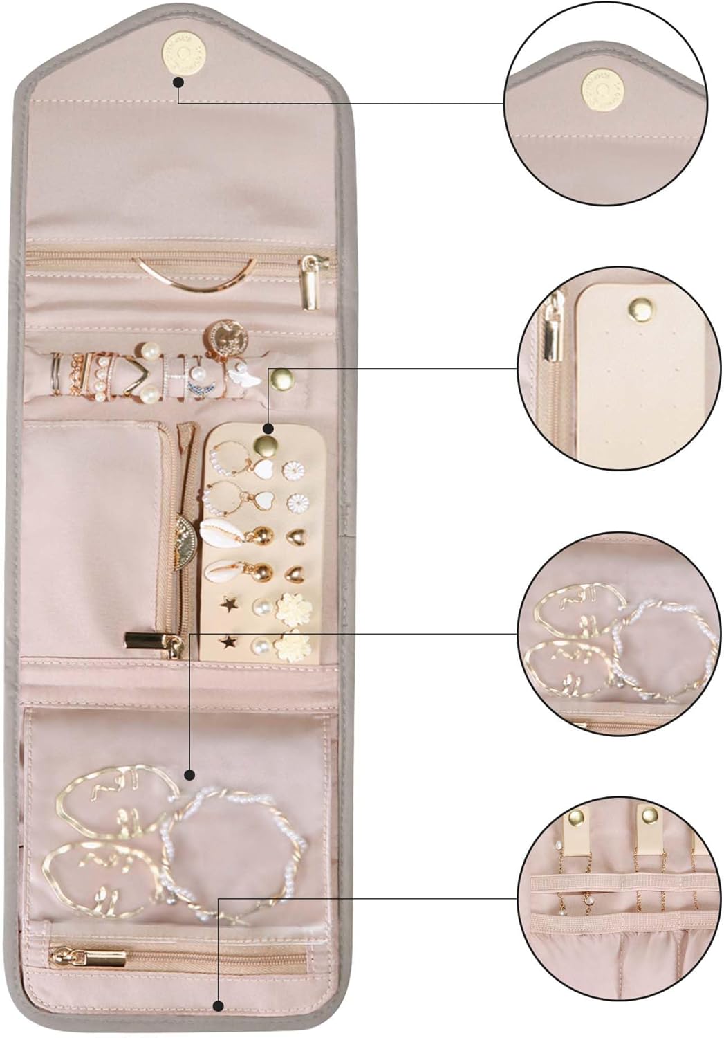 Travel Jewelry Organizer Case Foldable Small Jewelry Roll for Journey Rings, Necklaces, Earrings, Bracelets,Mini,Soft Pink