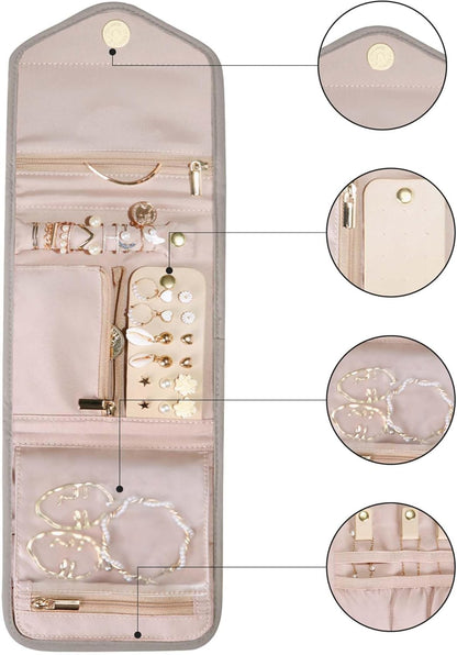 Travel Jewelry Organizer Case Foldable Small Jewelry Roll for Journey Rings, Necklaces, Earrings, Bracelets,Mini,Soft Pink