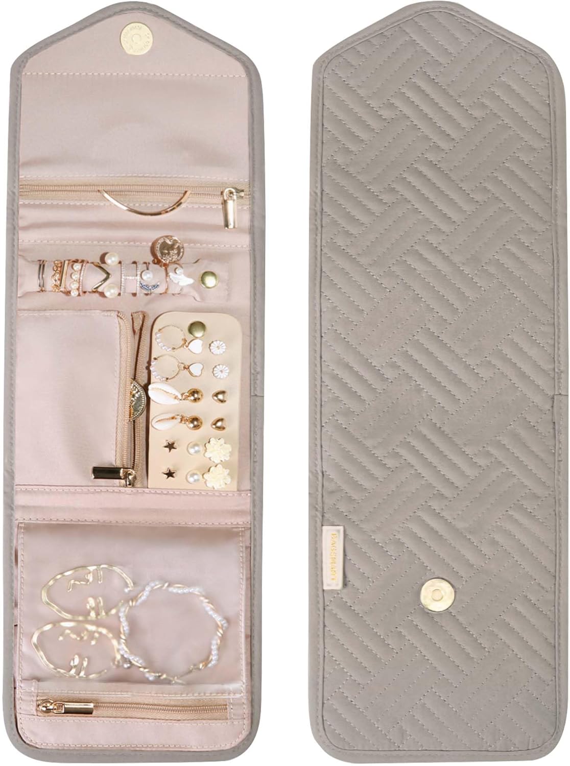 Travel Jewelry Organizer Case Foldable Small Jewelry Roll for Journey Rings, Necklaces, Earrings, Bracelets,Mini,Soft Pink
