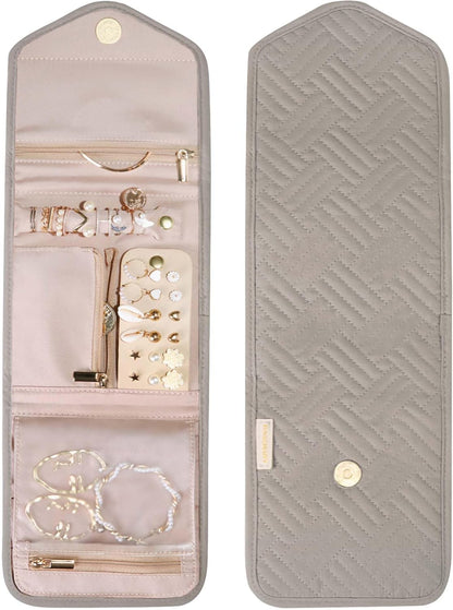 Travel Jewelry Organizer Case Foldable Small Jewelry Roll for Journey Rings, Necklaces, Earrings, Bracelets,Mini,Soft Pink
