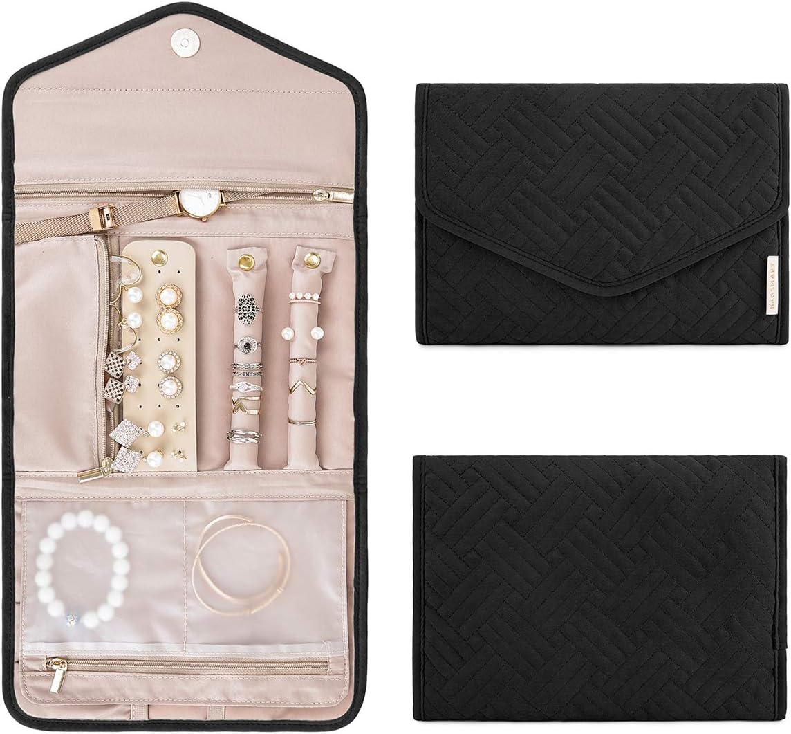 Travel Jewelry Organizer Case Foldable Small Jewelry Roll for Journey Rings, Necklaces, Earrings, Bracelets,Mini,Soft Pink