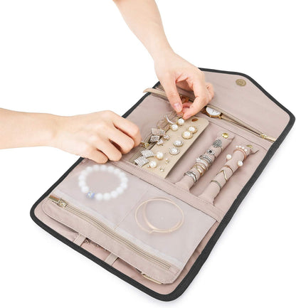 Travel Jewelry Organizer Case Foldable Small Jewelry Roll for Journey Rings, Necklaces, Earrings, Bracelets,Mini,Soft Pink