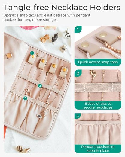 Travel Jewelry Organizer Case Foldable Small Jewelry Roll for Journey Rings, Necklaces, Earrings, Bracelets,Mini,Soft Pink