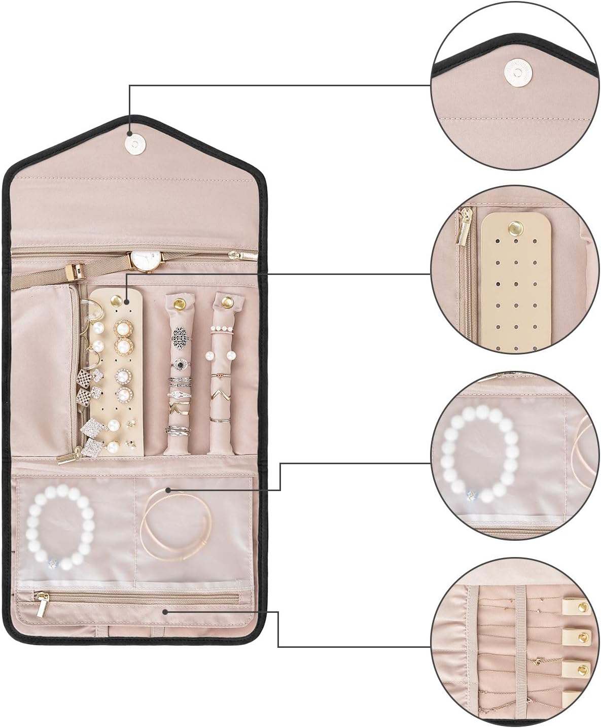 Travel Jewelry Organizer Case Foldable Small Jewelry Roll for Journey Rings, Necklaces, Earrings, Bracelets,Mini,Soft Pink