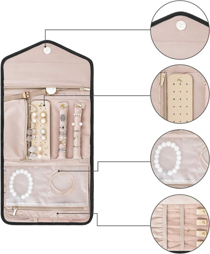 Travel Jewelry Organizer Case Foldable Small Jewelry Roll for Journey Rings, Necklaces, Earrings, Bracelets,Mini,Soft Pink