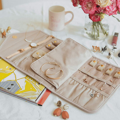 Travel Jewelry Organizer Case Foldable Small Jewelry Roll for Journey Rings, Necklaces, Earrings, Bracelets,Mini,Soft Pink