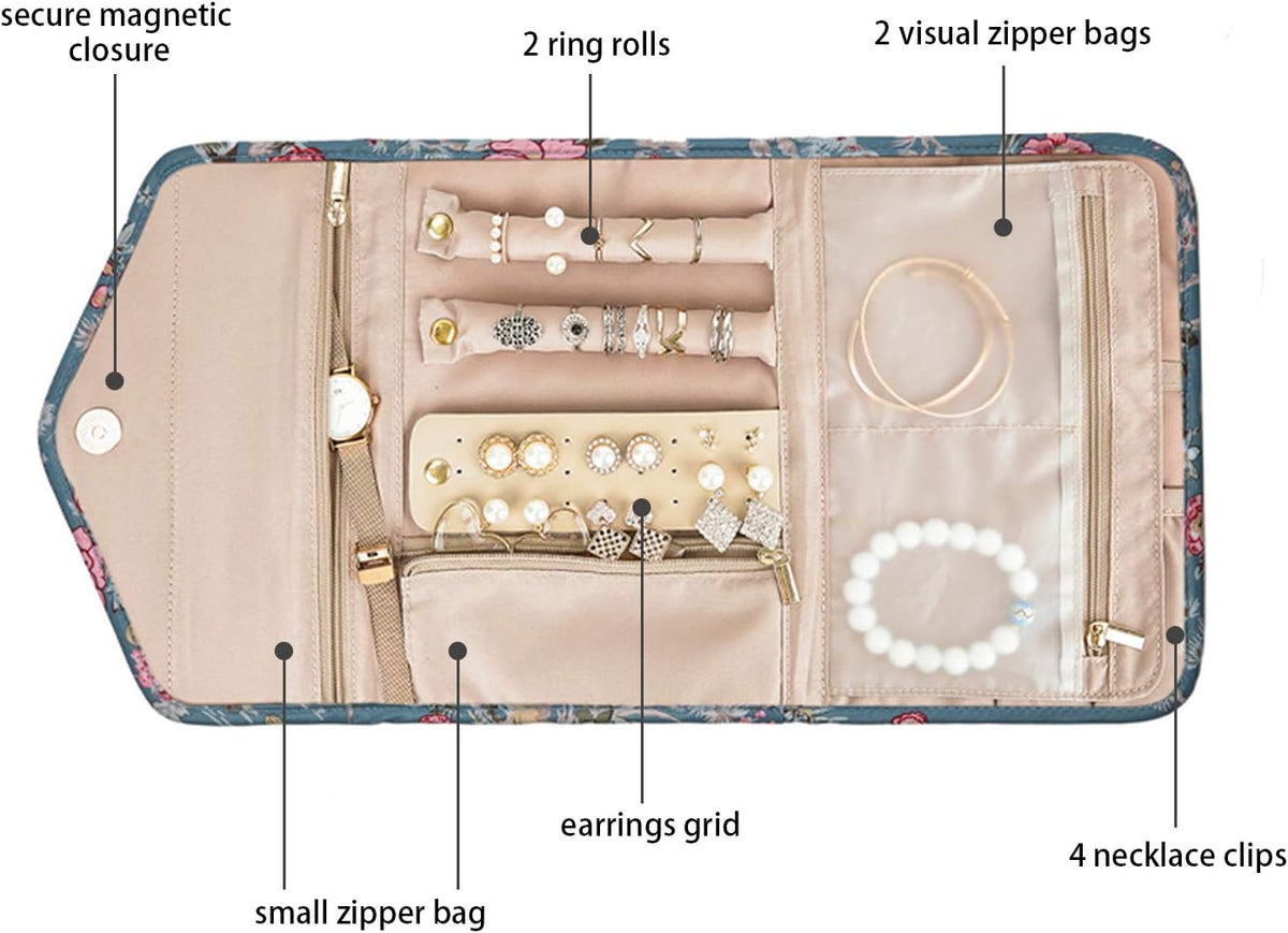Travel Jewelry Organizer Case Foldable Small Jewelry Roll for Journey Rings, Necklaces, Earrings, Bracelets,Mini,Soft Pink