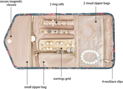 Travel Jewelry Organizer Case Foldable Small Jewelry Roll for Journey Rings, Necklaces, Earrings, Bracelets,Mini,Soft Pink