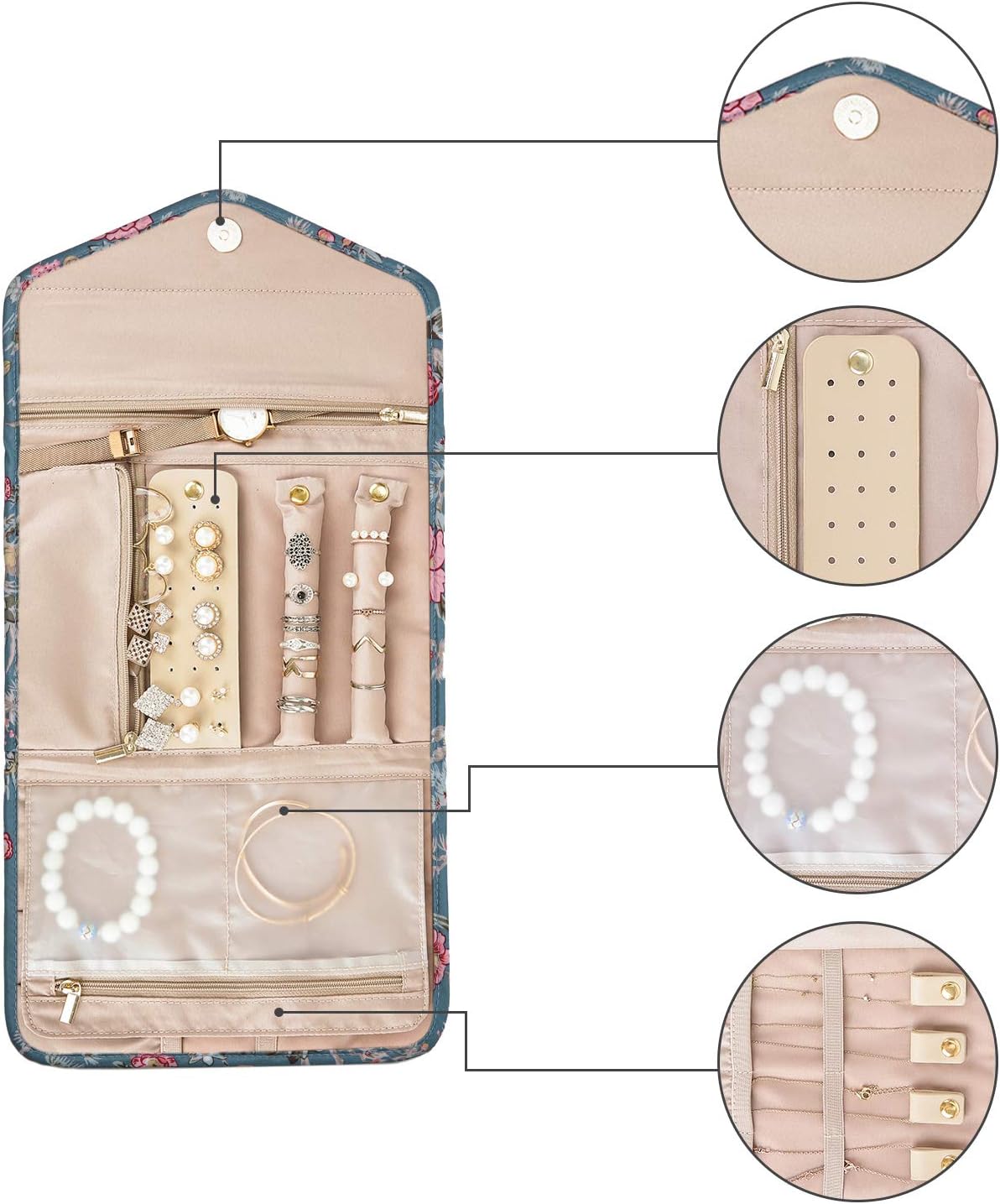Travel Jewelry Organizer Case Foldable Small Jewelry Roll for Journey Rings, Necklaces, Earrings, Bracelets,Mini,Soft Pink