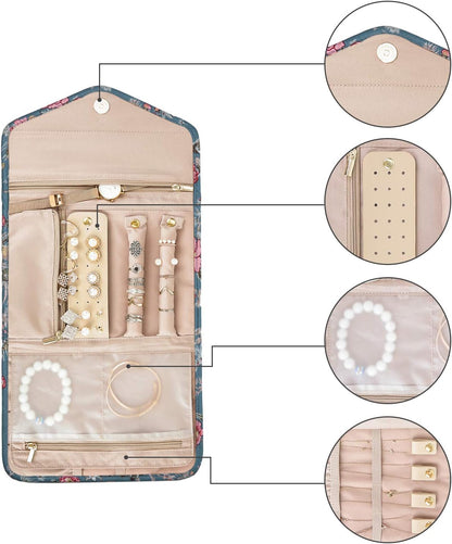 Travel Jewelry Organizer Case Foldable Small Jewelry Roll for Journey Rings, Necklaces, Earrings, Bracelets,Mini,Soft Pink