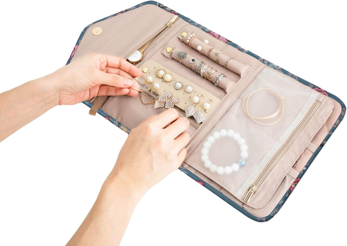 Travel Jewelry Organizer Case Foldable Small Jewelry Roll for Journey Rings, Necklaces, Earrings, Bracelets,Mini,Soft Pink