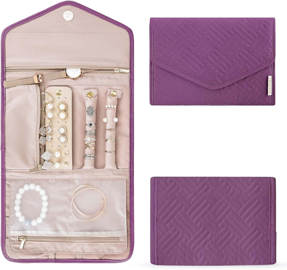 Travel Jewelry Organizer Case Foldable Small Jewelry Roll for Journey Rings, Necklaces, Earrings, Bracelets,Mini,Soft Pink