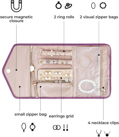 Travel Jewelry Organizer Case Foldable Small Jewelry Roll for Journey Rings, Necklaces, Earrings, Bracelets,Mini,Soft Pink