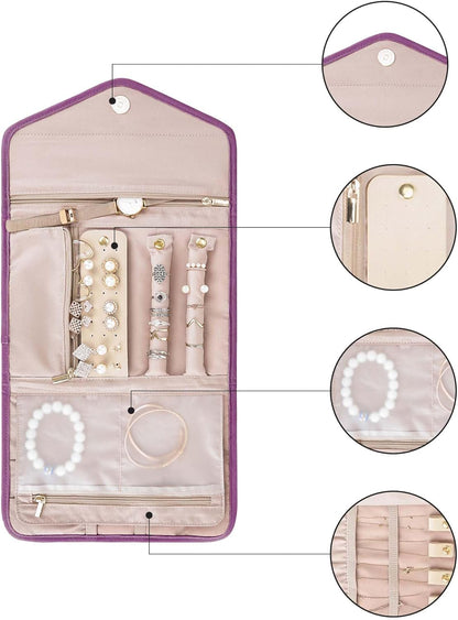 Travel Jewelry Organizer Case Foldable Small Jewelry Roll for Journey Rings, Necklaces, Earrings, Bracelets,Mini,Soft Pink