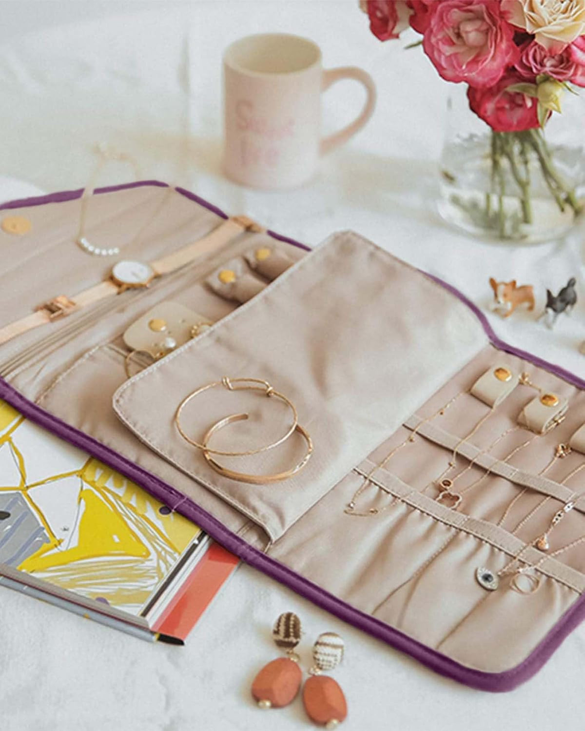 Travel Jewelry Organizer Case Foldable Small Jewelry Roll for Journey Rings, Necklaces, Earrings, Bracelets,Mini,Soft Pink