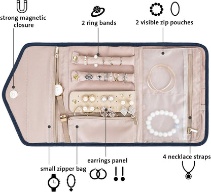 Travel Jewelry Organizer Case Foldable Small Jewelry Roll for Journey Rings, Necklaces, Earrings, Bracelets,Mini,Soft Pink