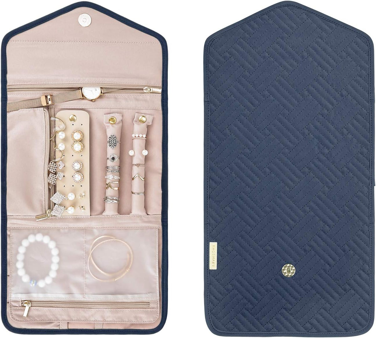 Travel Jewelry Organizer Case Foldable Small Jewelry Roll for Journey Rings, Necklaces, Earrings, Bracelets,Mini,Soft Pink