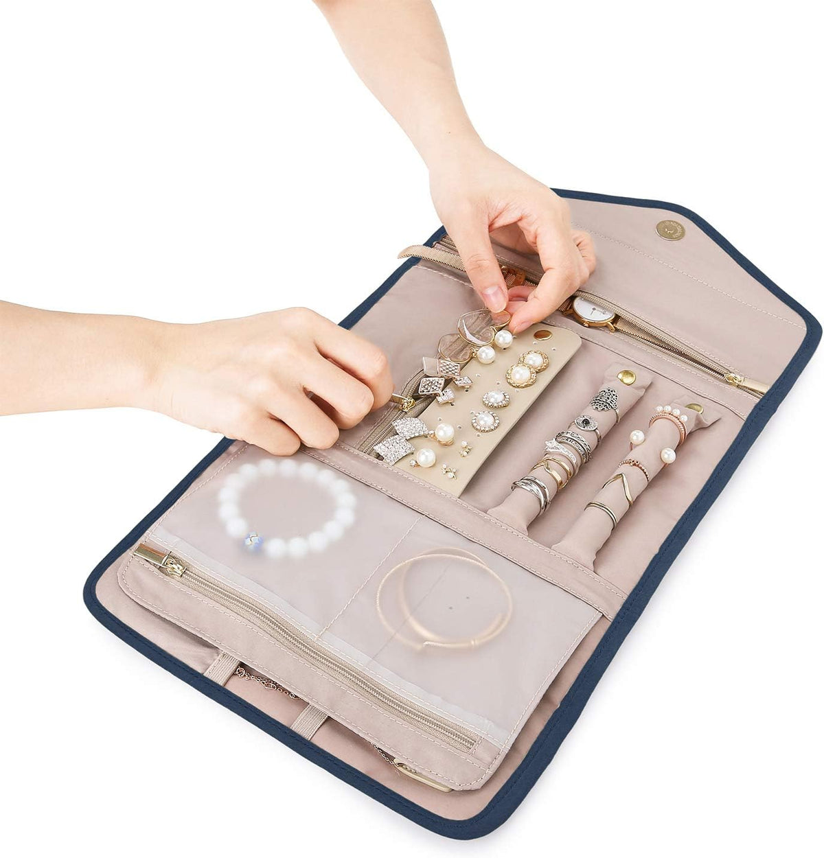 Travel Jewelry Organizer Case Foldable Small Jewelry Roll for Journey Rings, Necklaces, Earrings, Bracelets,Mini,Soft Pink