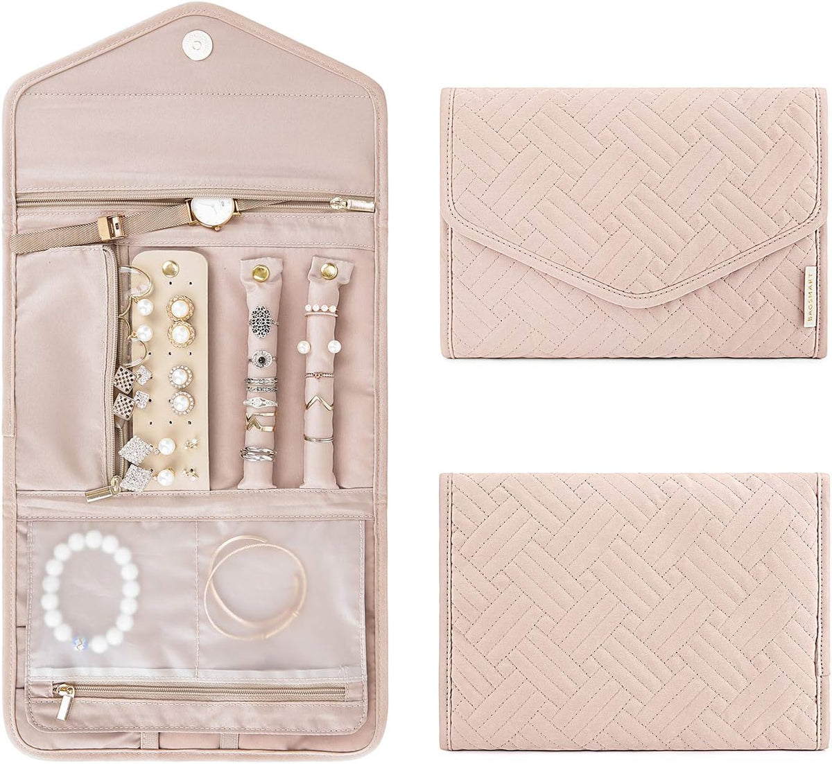 Travel Jewelry Organizer Case Foldable Small Jewelry Roll for Journey Rings, Necklaces, Earrings, Bracelets,Mini,Soft Pink