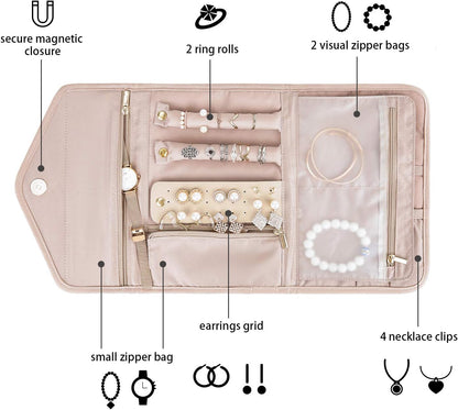 Travel Jewelry Organizer Case Foldable Small Jewelry Roll for Journey Rings, Necklaces, Earrings, Bracelets,Mini,Soft Pink