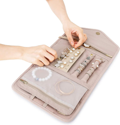 Travel Jewelry Organizer Case Foldable Small Jewelry Roll for Journey Rings, Necklaces, Earrings, Bracelets,Mini,Soft Pink