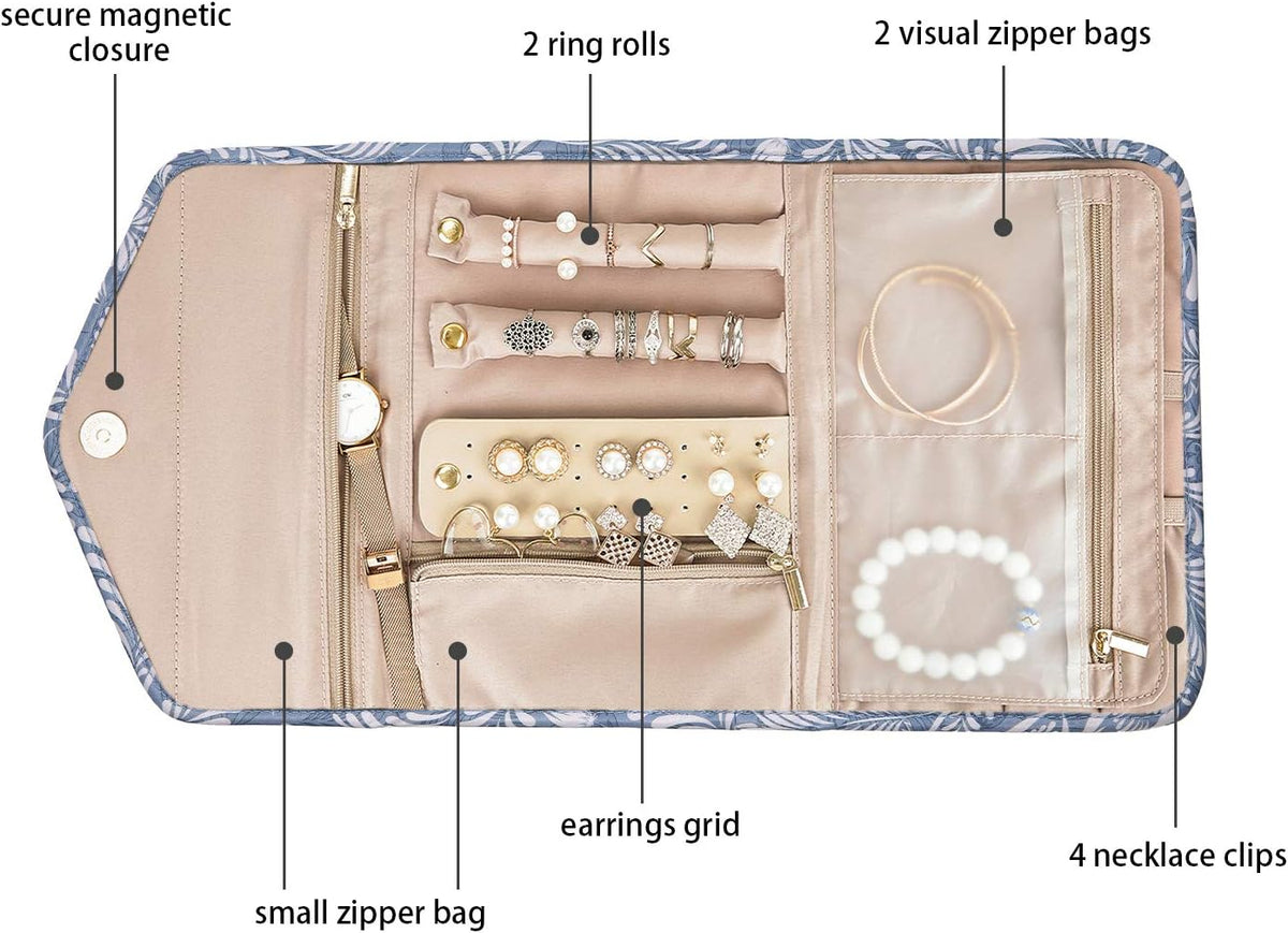 Travel Jewelry Organizer Case Foldable Small Jewelry Roll for Journey Rings, Necklaces, Earrings, Bracelets,Mini,Soft Pink