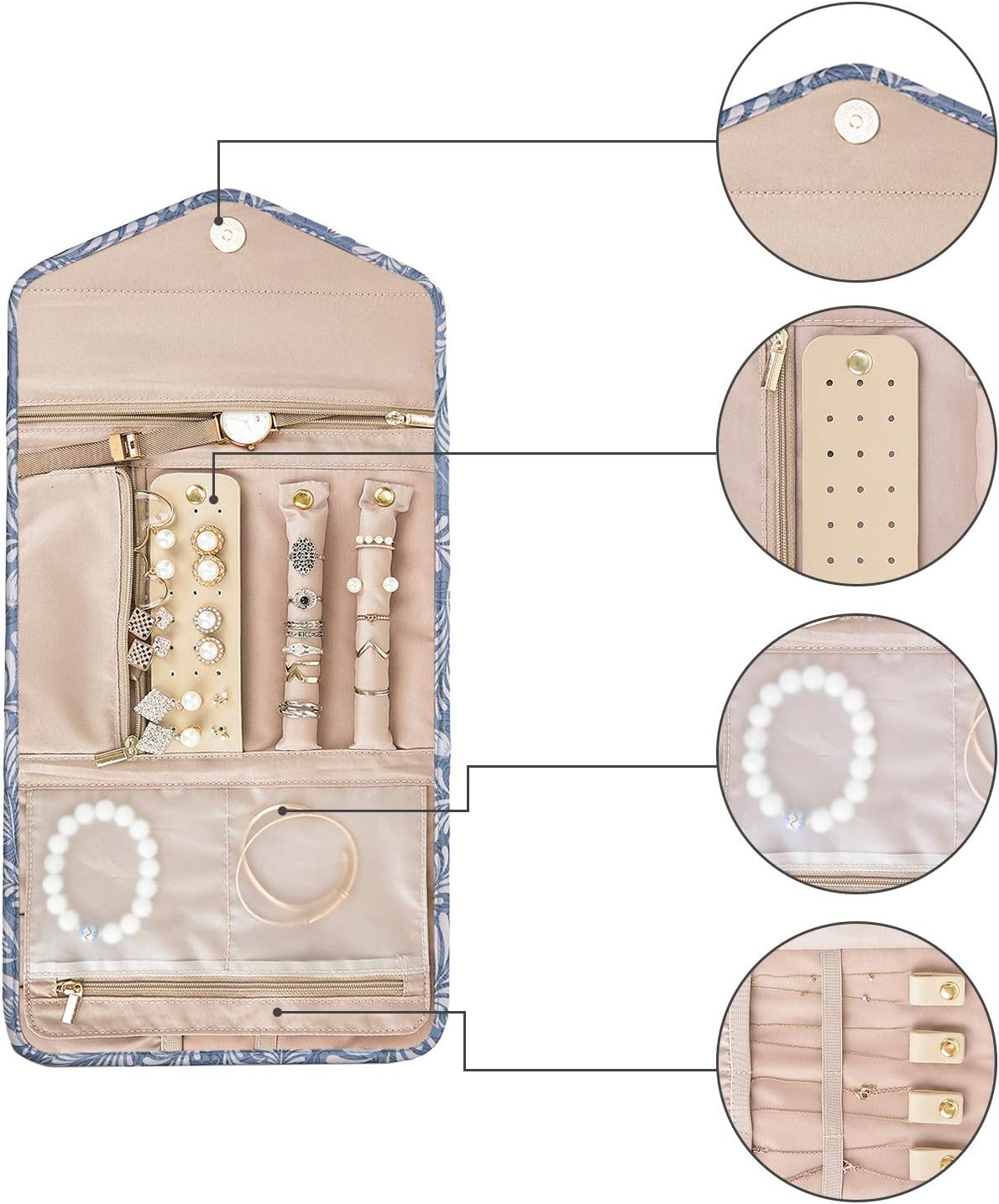 Travel Jewelry Organizer Case Foldable Small Jewelry Roll for Journey Rings, Necklaces, Earrings, Bracelets,Mini,Soft Pink