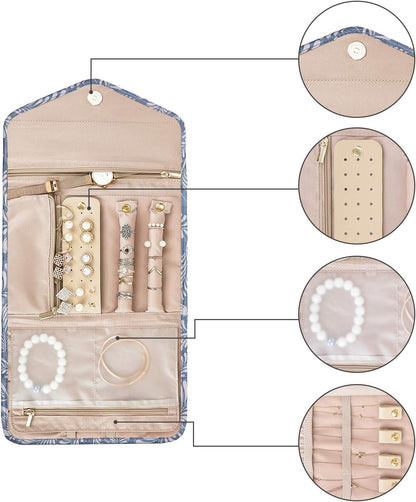 Travel Jewelry Organizer Case Foldable Small Jewelry Roll for Journey Rings, Necklaces, Earrings, Bracelets,Mini,Soft Pink