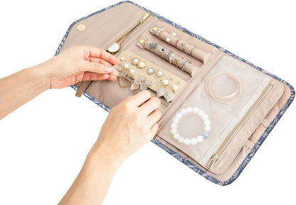 Travel Jewelry Organizer Case Foldable Small Jewelry Roll for Journey Rings, Necklaces, Earrings, Bracelets,Mini,Soft Pink