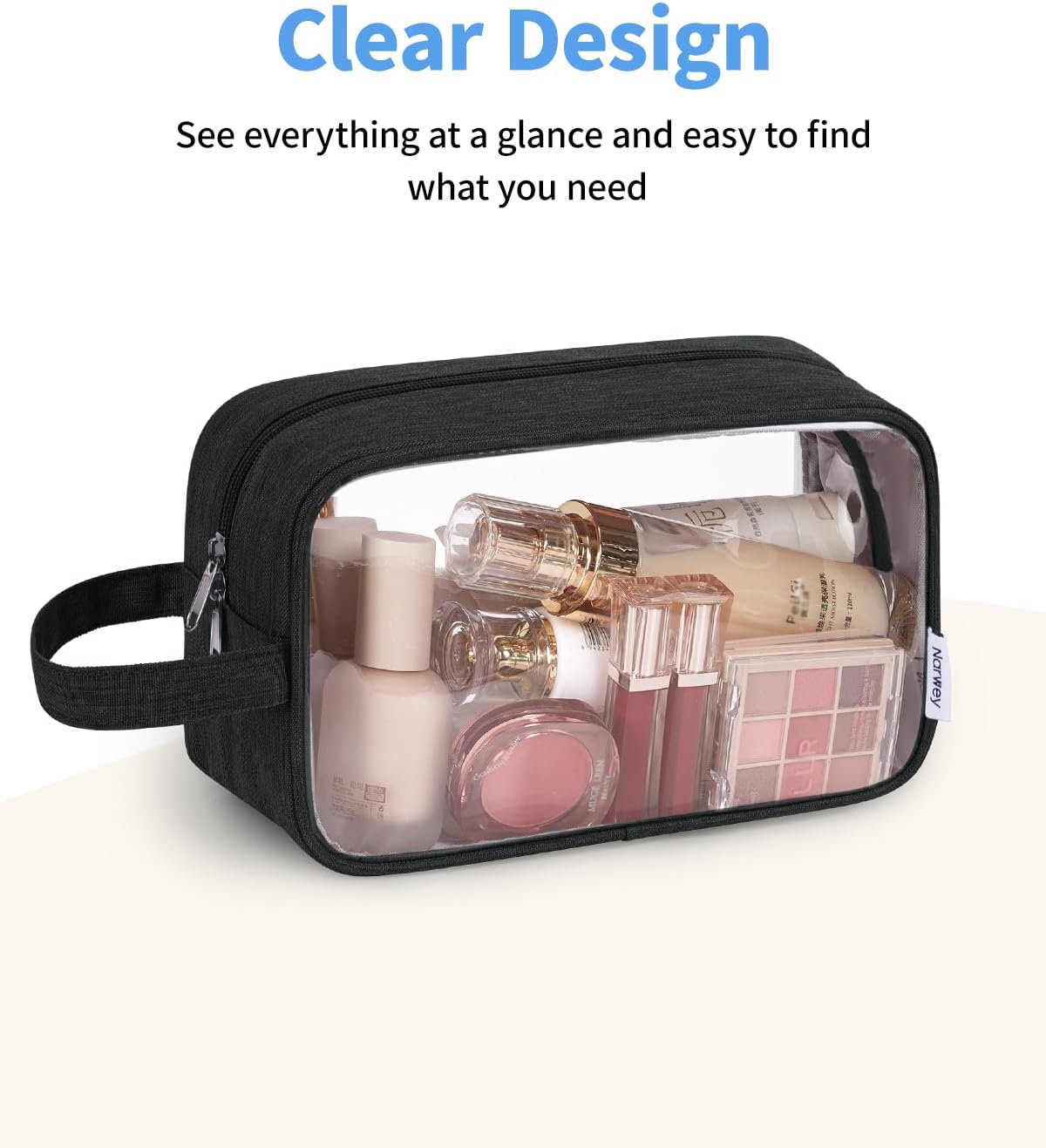 Clear Travel Toiletry Bags for Traveling Toiletries Men Women, Clear Makeup Bag Cosmetic Bag with Zipper, Make Up Pouch Organizer Bag with Handle, Skincare Beach Snack Medicine Bag, Black