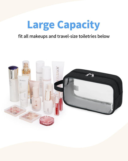 Clear Travel Toiletry Bags for Traveling Toiletries Men Women, Clear Makeup Bag Cosmetic Bag with Zipper, Make Up Pouch Organizer Bag with Handle, Skincare Beach Snack Medicine Bag, Black