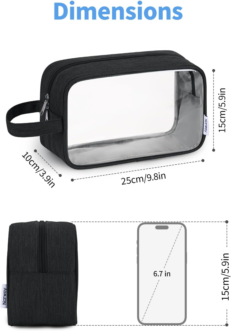 Clear Travel Toiletry Bags for Traveling Toiletries Men Women, Clear Makeup Bag Cosmetic Bag with Zipper, Make Up Pouch Organizer Bag with Handle, Skincare Beach Snack Medicine Bag, Black