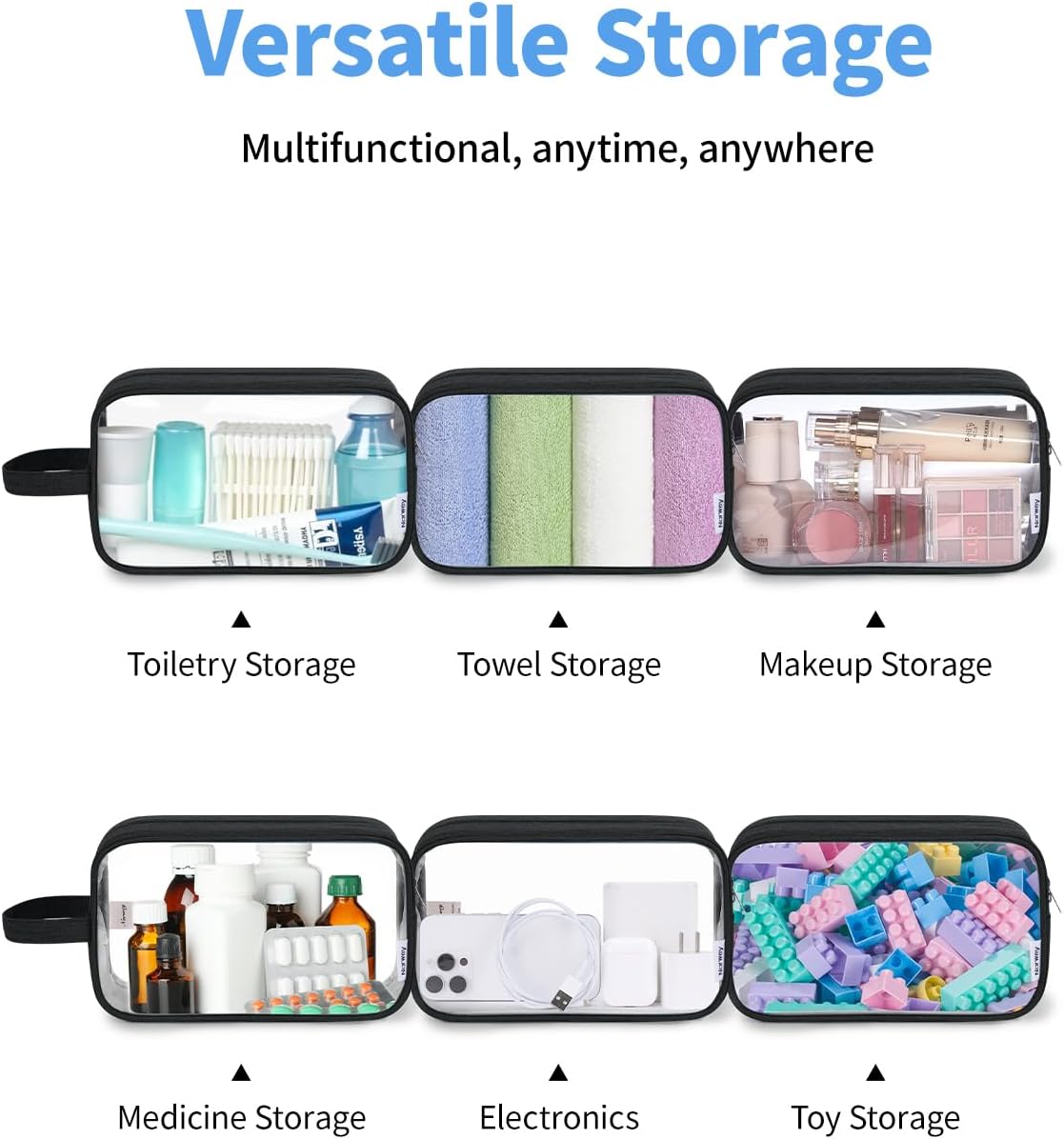 Clear Travel Toiletry Bags for Traveling Toiletries Men Women, Clear Makeup Bag Cosmetic Bag with Zipper, Make Up Pouch Organizer Bag with Handle, Skincare Beach Snack Medicine Bag, Black