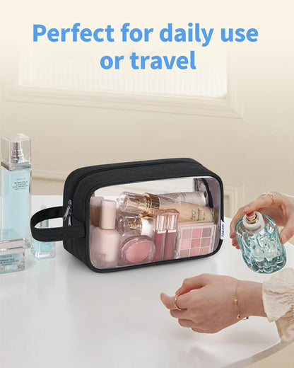 Clear Travel Toiletry Bags for Traveling Toiletries Men Women, Clear Makeup Bag Cosmetic Bag with Zipper, Make Up Pouch Organizer Bag with Handle, Skincare Beach Snack Medicine Bag, Black