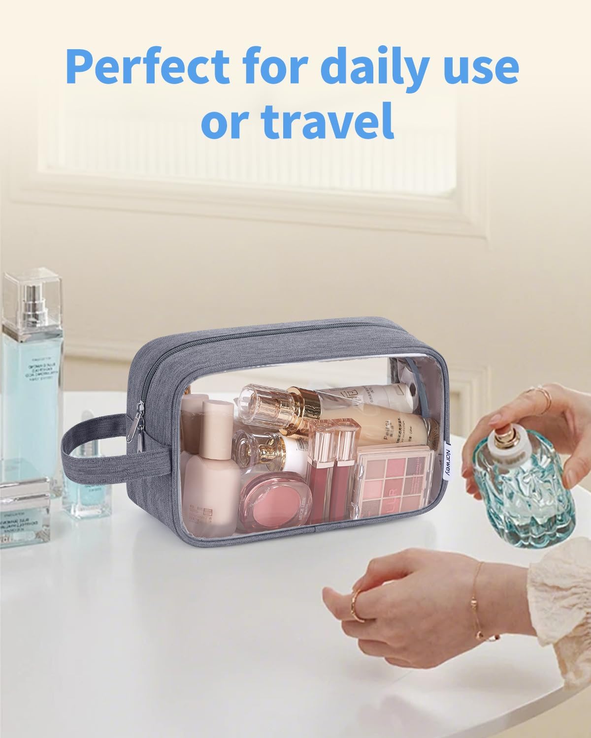 Clear Travel Toiletry Bags for Traveling Toiletries Men Women, Clear Makeup Bag Cosmetic Bag with Zipper, Make Up Pouch Organizer Bag with Handle, Skincare Beach Snack Medicine Bag, Black